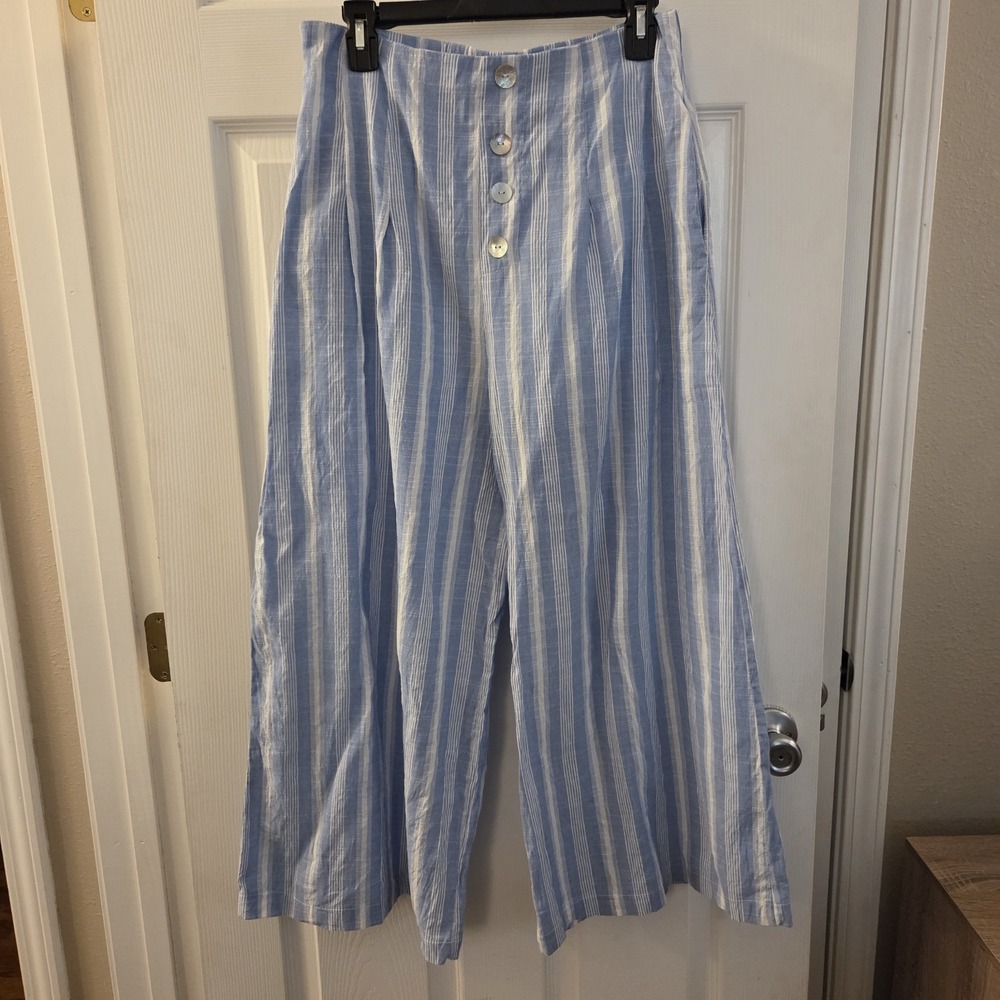 Umgee sz M blue/wht striped wide leg crop pants beach coastal vacation retro
